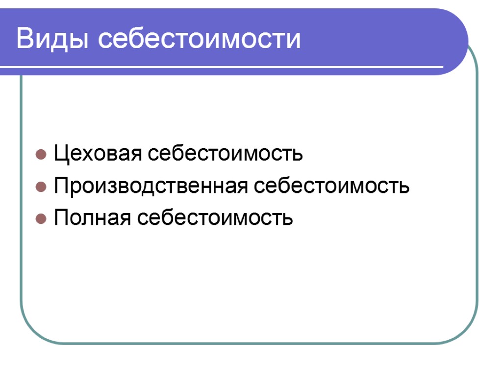 Виды себестоимости Цеховая себестоимость Производственная себестоимость Полная себестоимость